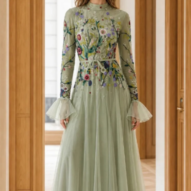 French Court-style Retro And Elegant Net Fabric Patchwork Round-neck Dress