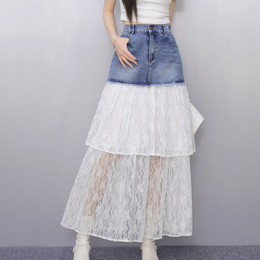 American Retro Lace Spliced Denim Skirt Women's Loose Fit A-Line Midi Skirt For Spring Summer Casual Wear