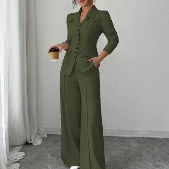 Womens Lapel Long-sleeve Waist-defined Blazer With Relaxed Straight-leg Pants Two-piece Set