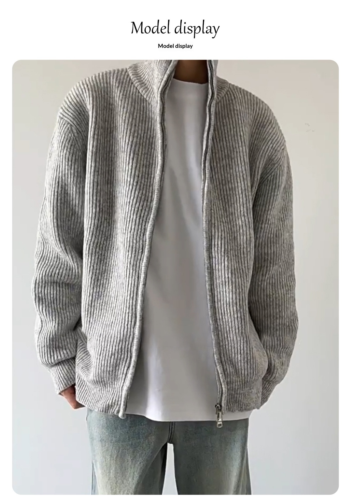 Men's Ribbed Stand-Collar Zip-Up Cardigan - light grey model view showing ribbed texture, collar and zip construction