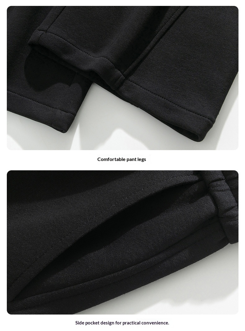 Men's Cotton-Blend Wide-Leg Drawstring Trousers - black fabric, stitched hems and side pocket close-up