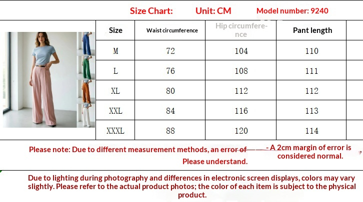 Original M–XXXL chart in centimetres showing waist and hip circumferences and overall trouser length