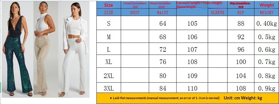 Original S–3XL chart in centimetres showing waist and hip circumferences and overall trouser lengths; weight column refers to product weight, not wearer weight