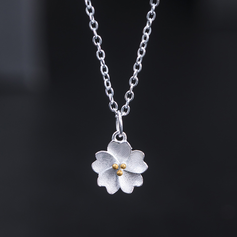 S925 Sterling Silver Sakura Flower Pendant Short Necklace