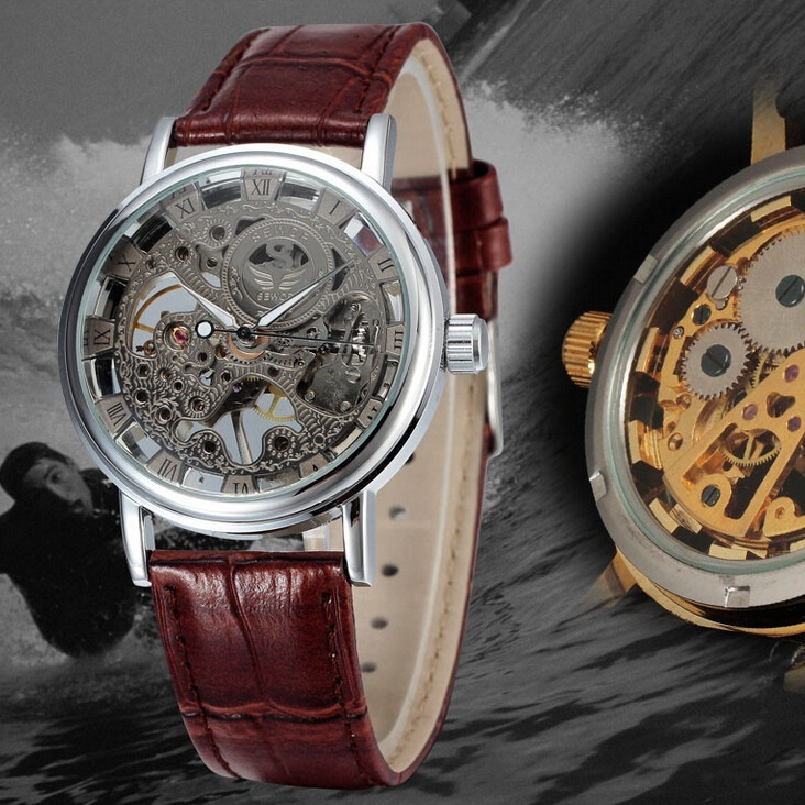 Gold Hollow-Out Manual-Winding Sports Business Leather Casual Mens Watch