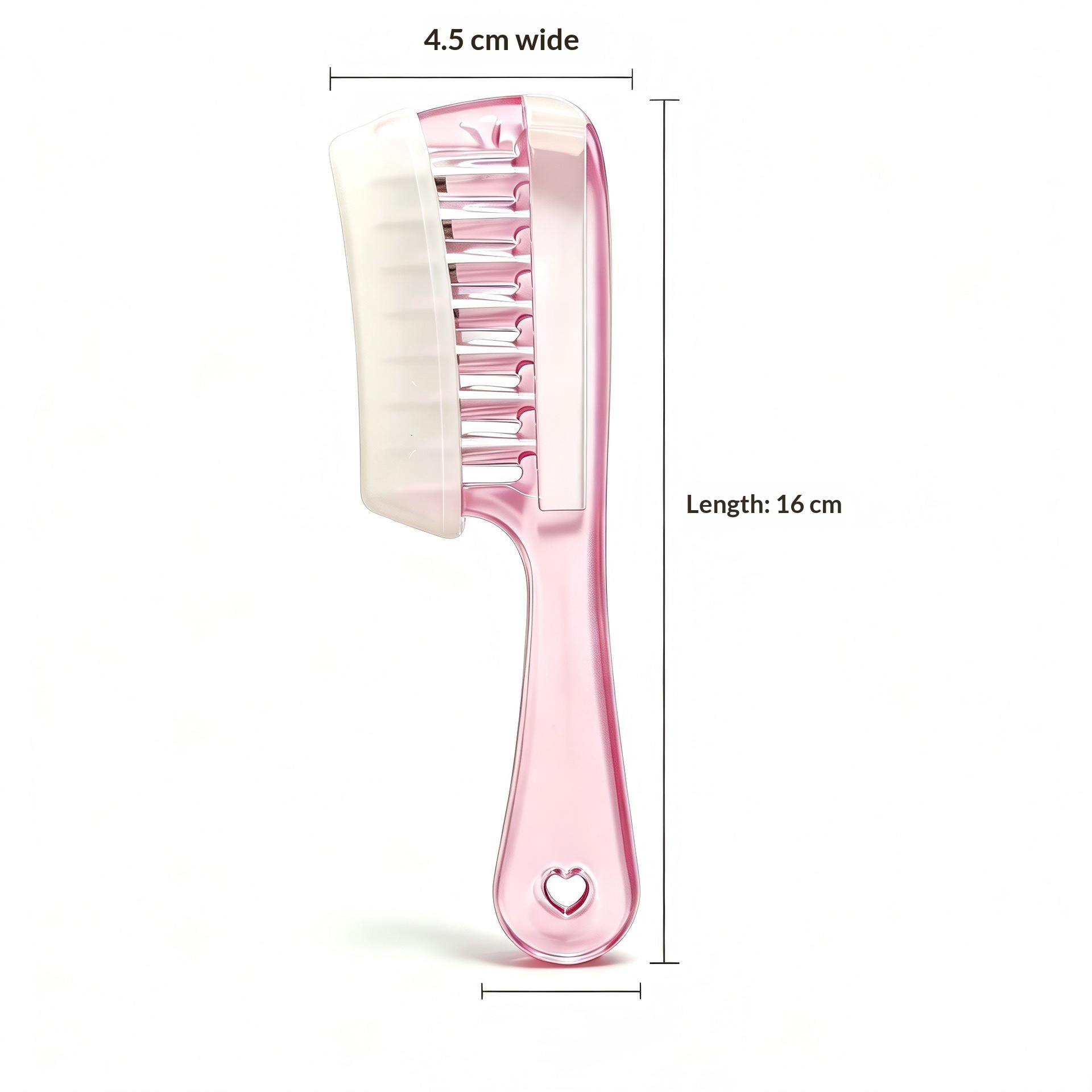 Supplier dimension diagram of the pink comb labelled 16 cm long and 4.5 cm wide
