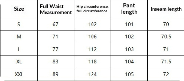 Original S–XXL chart showing full waist and hip measurements, overall trouser length and inseam