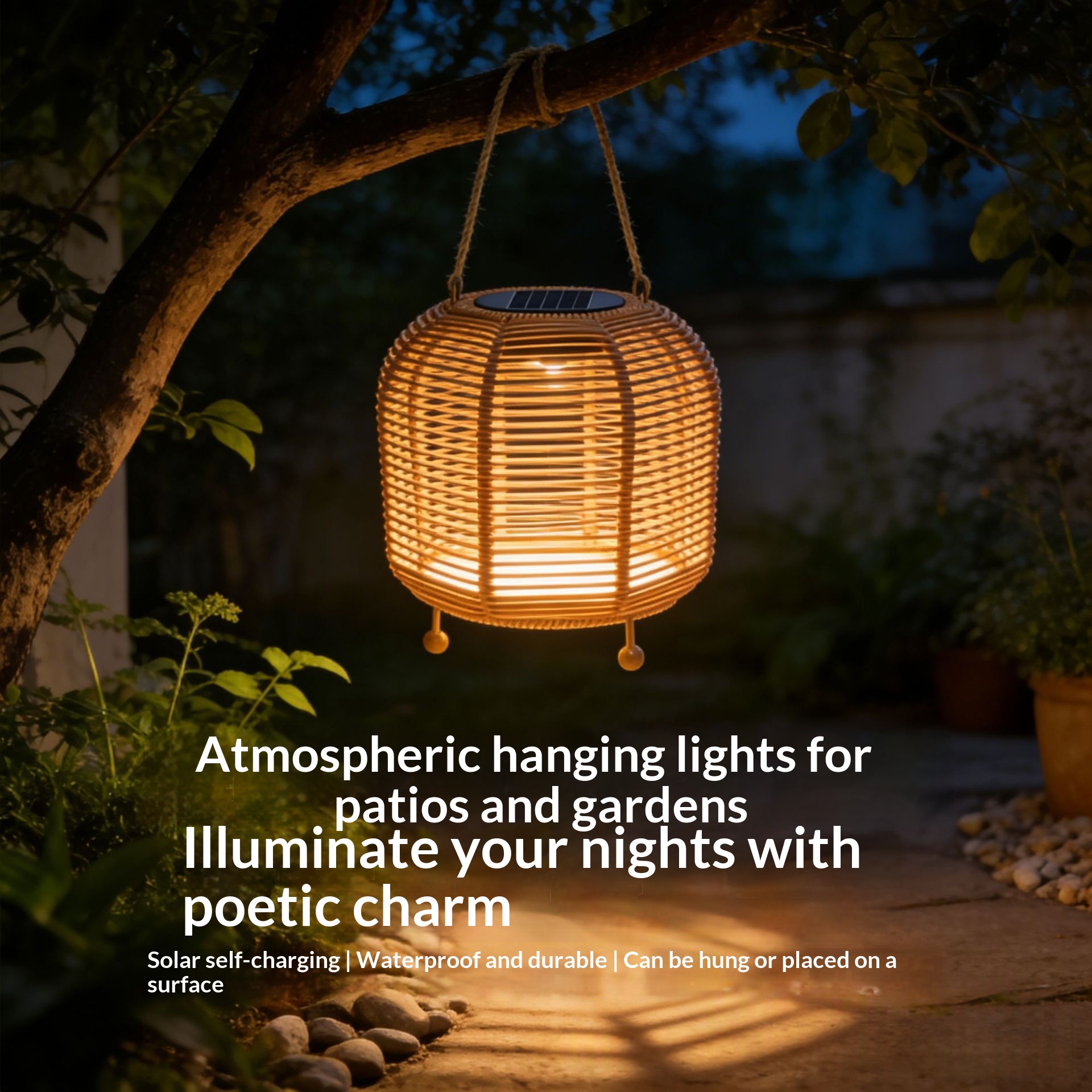 Solar-Powered Wicker Handheld Lantern LED Vintage Courtyard Light