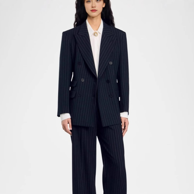Spring And Autumn New Double Breasted Fashion Striped Regular Suit For Women