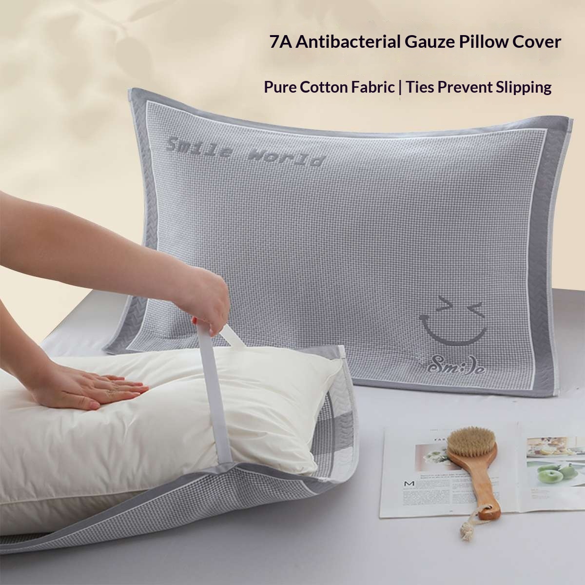 Cotton Gauze Pillowcase With Tie Straps Non-slip And Wont Come Loose