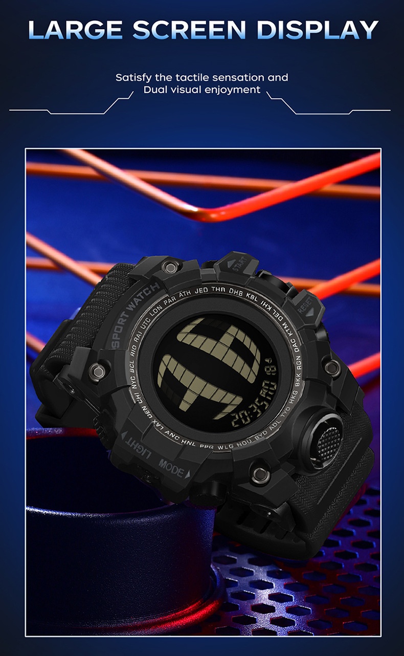 SANDA 2200 Waterproof Digital Sports Watch for Men motion detection light 56mm dial