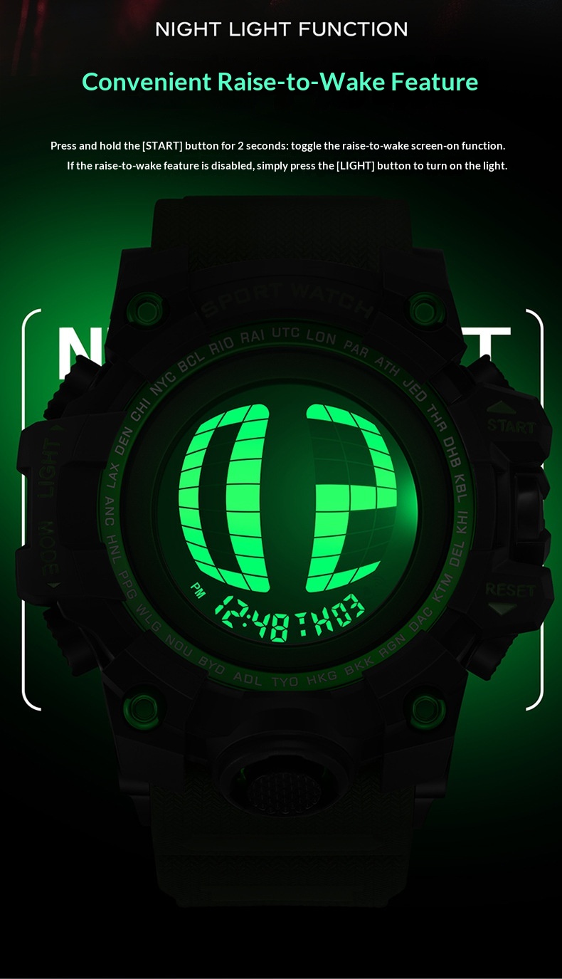 SANDA 2200 Waterproof Digital Sports Watch for Men motion detection light 56mm dial