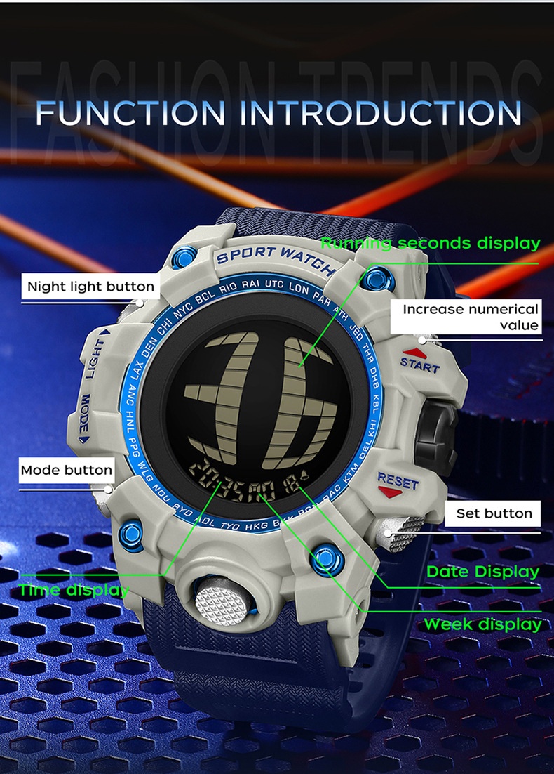 SANDA 2200 Waterproof Digital Sports Watch for Men motion detection light 56mm dial