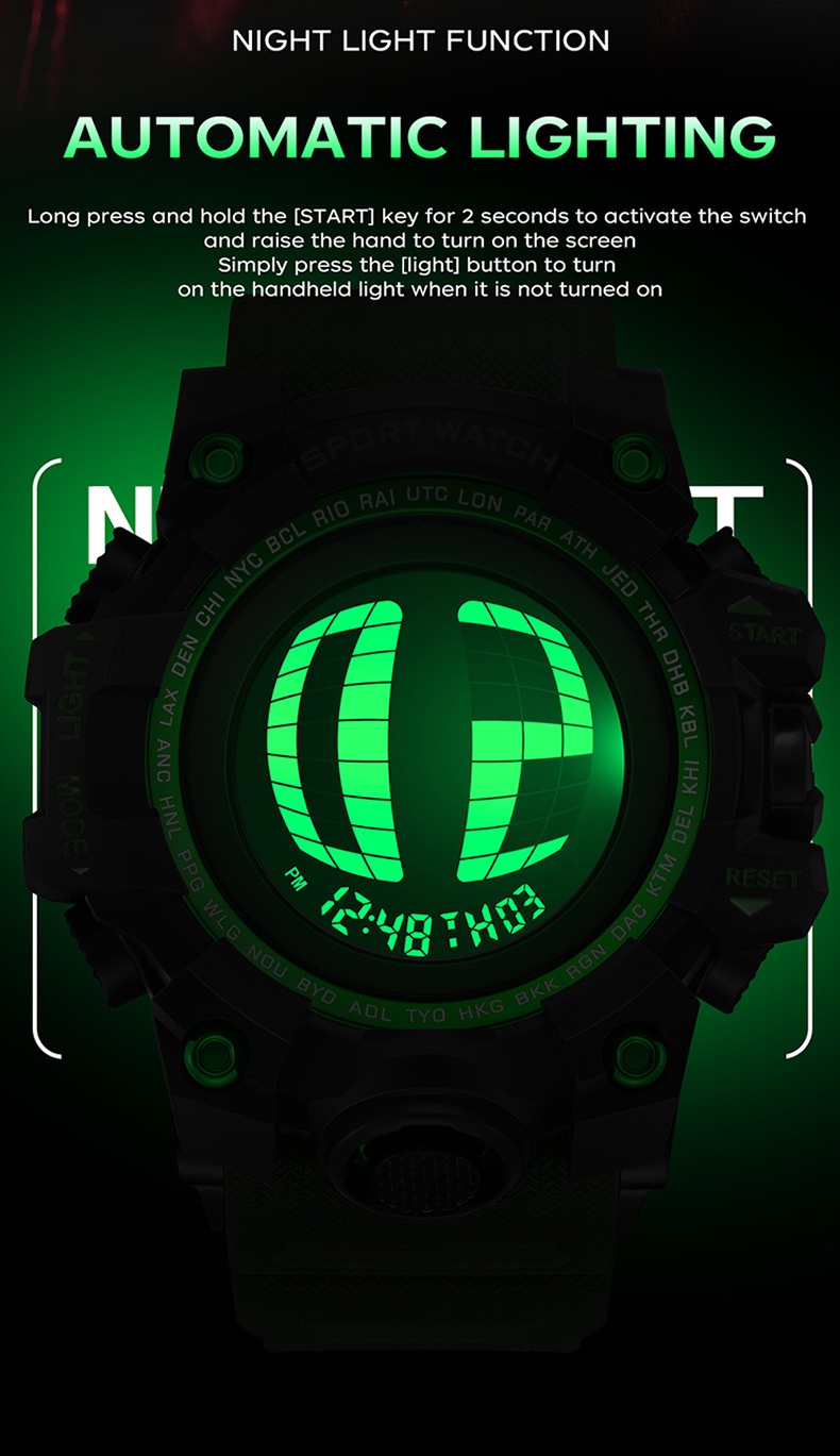 SANDA 2200 Waterproof Digital Sports Watch for Men motion detection light 56mm dial