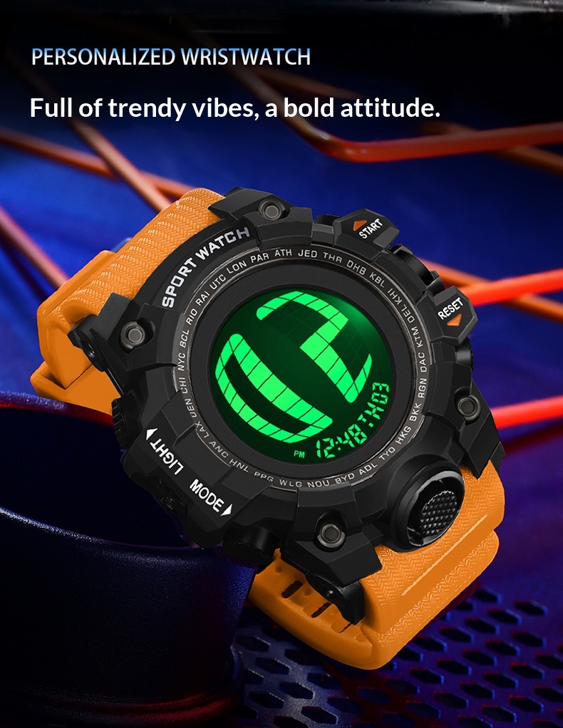 SANDA 2200 Waterproof Digital Sports Watch for Men motion detection light 56mm dial