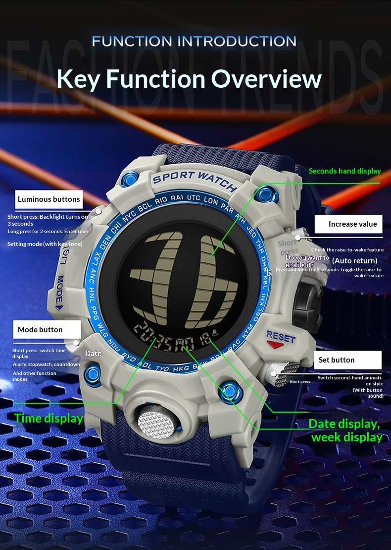 SANDA 2200 Waterproof Digital Sports Watch for Men motion detection light 56mm dial