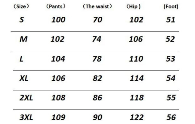 Original S to 3XL cargo-trouser size chart listing trouser length, waist, hips and an undefined Foot column; units are not stated