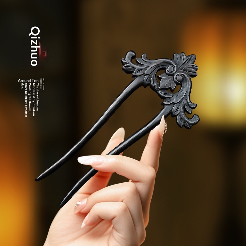 Știft de păr dublu din lemn de abanos - stil chinezesc Hanfu Hair Stick pentru femei Accesorii elegante pentru naveta zilnică