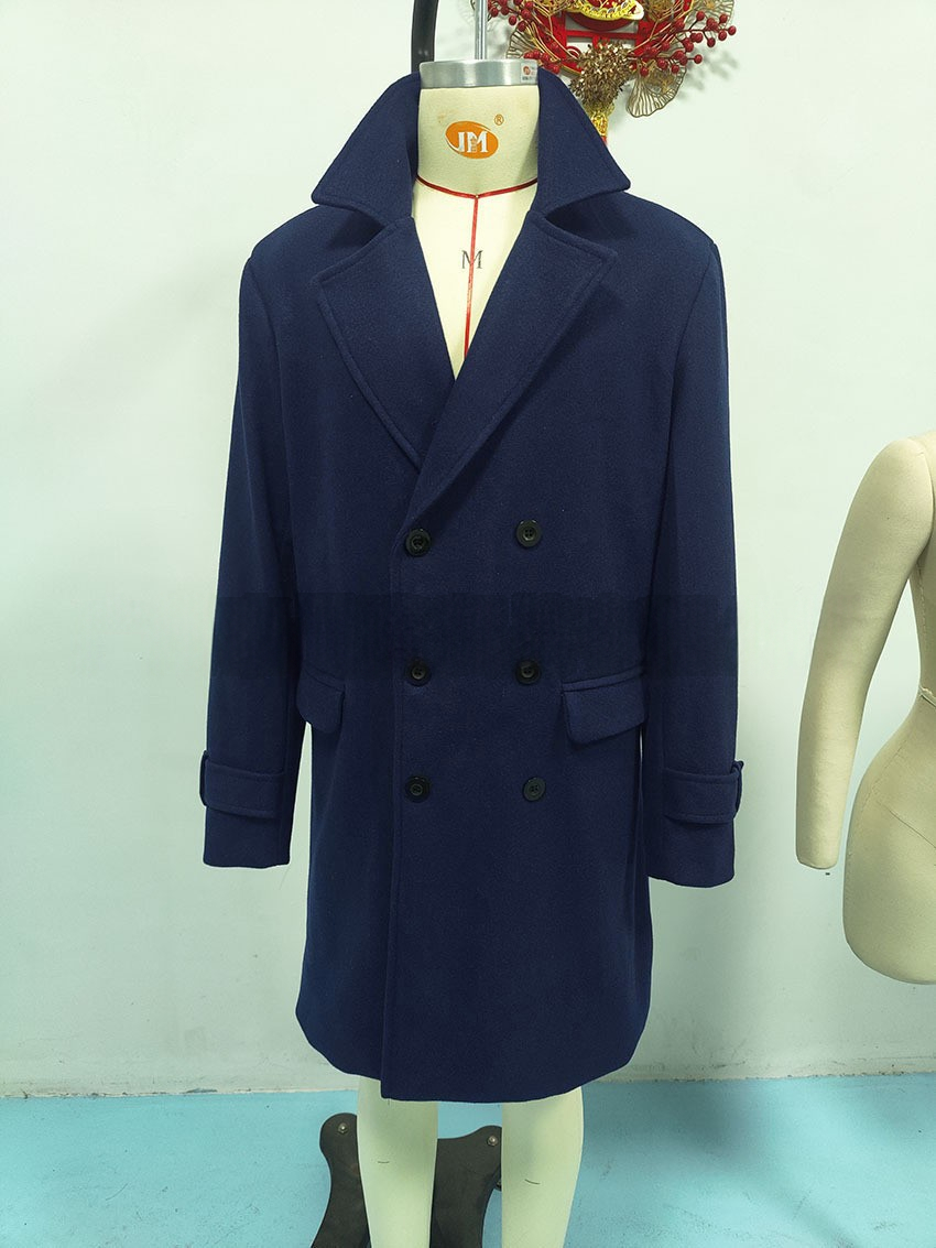 Men's Double-Breasted Mid-Length Coat - navy mannequin sample showing lapels, buttons and pockets