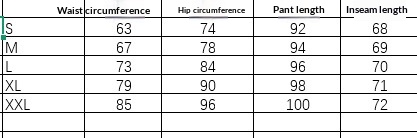Original S–XXL chart with waist and hip circumferences, overall legging length and inseam