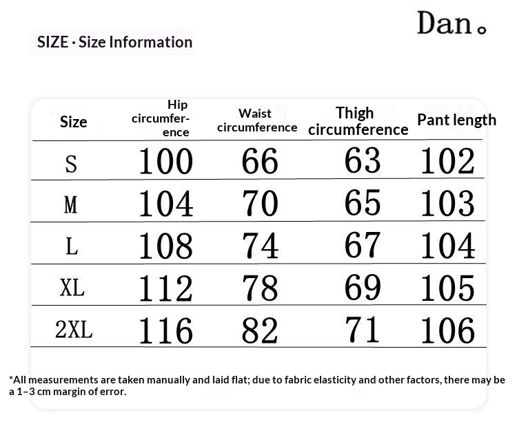 S to 2XL cargo-trouser chart listing hip, waist and thigh circumferences and overall trouser length; units are not stated