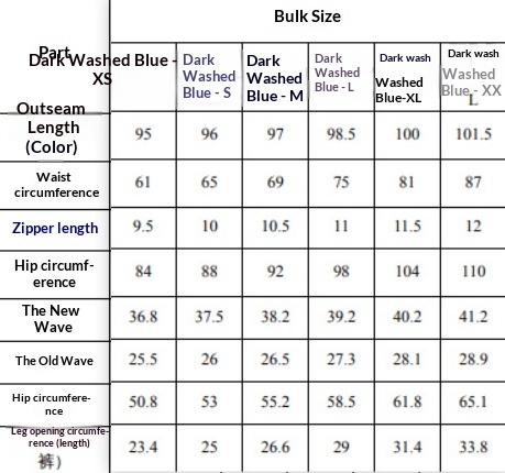 Original blue jeans measurement chart for sizes XS to XXL, corresponding to the sold 2XL option