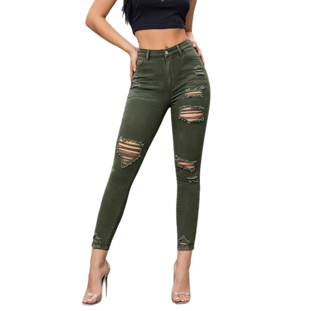 Army-green skinny jeans showing front pockets, button fastening and frayed thigh, knee and hem details