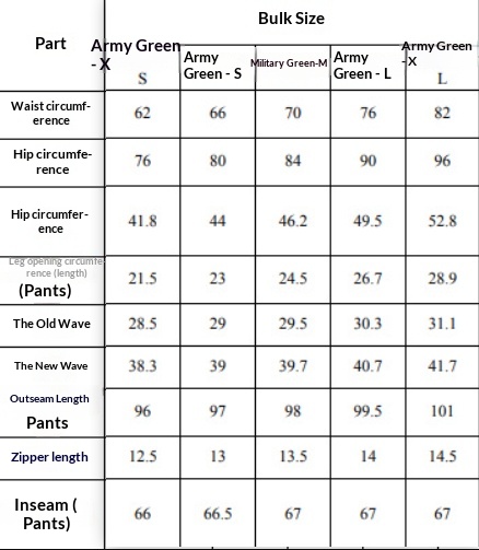 Original army-green jeans garment measurement chart covering XS, S, M, L and XL