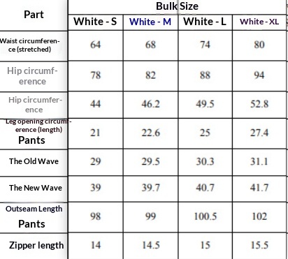 Original white jeans measurement chart for sizes S to XL