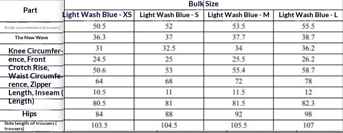 Original light-wash blue jeans garment measurement chart for XS, S, M and L