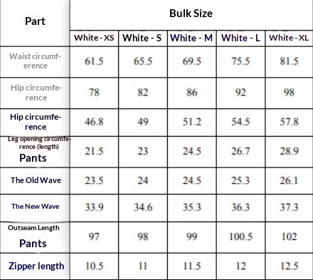 Original white jeans garment measurement chart for XS, S, M, L and XL