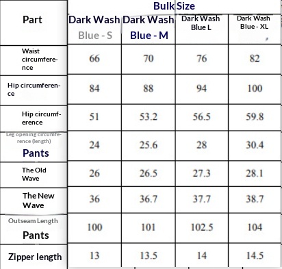 Original dark-wash blue jeans measurement chart for S, M, L and XL