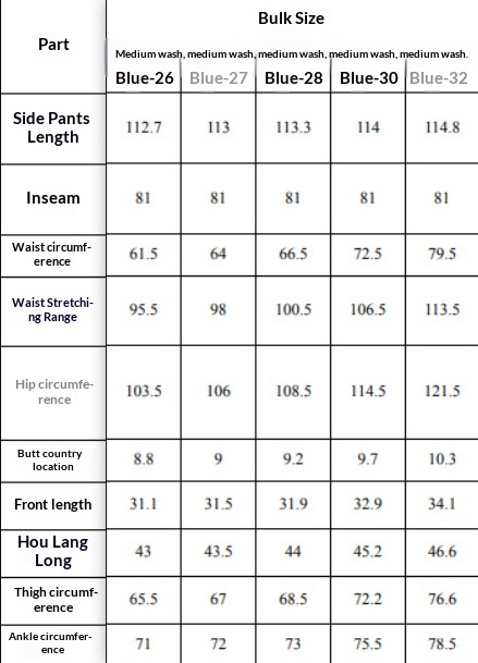 Original blue drawstring jeans garment measurement chart for sizes 26, 27, 28, 30 and 32