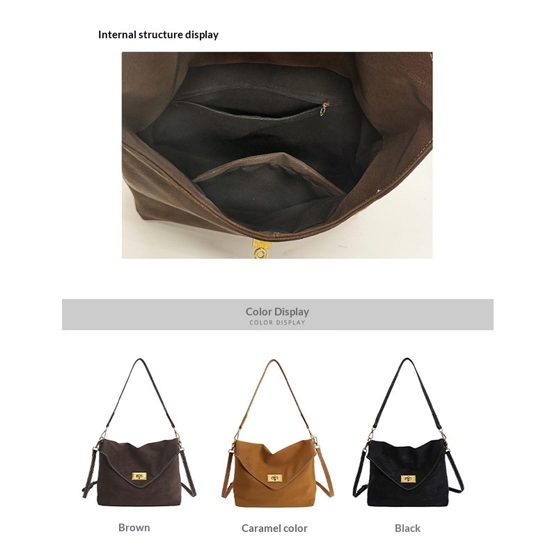 Interior close-up showing zip and slip pockets, with brown, caramel and black versions of the flap shoulder bag below