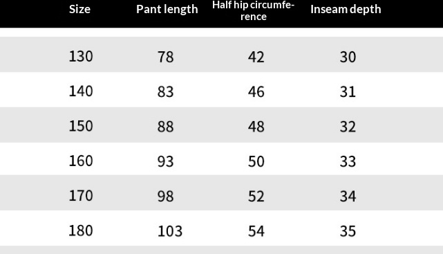 Supplier size chart for bear-detail sweatpants with height-based size labels