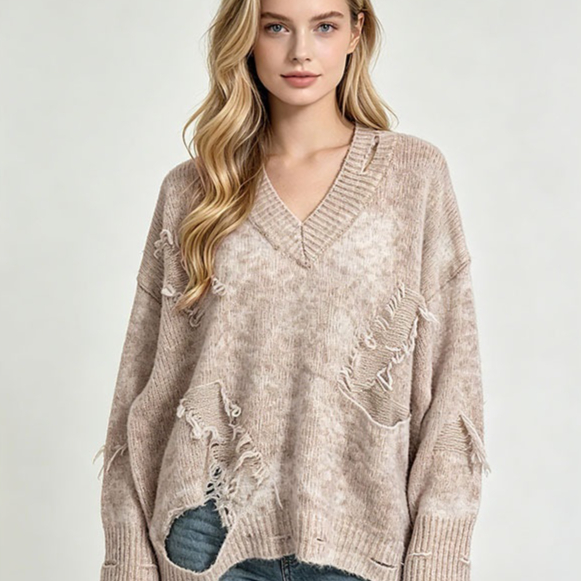Autumn And Winter Distressed Worn Tassel V-neck Knitted Sweater