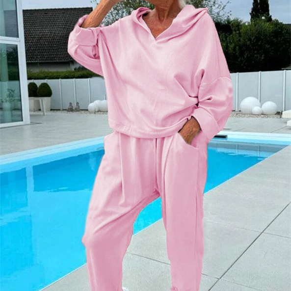 Women's Solid Color Hooded Sweatshirt Two-piece Set