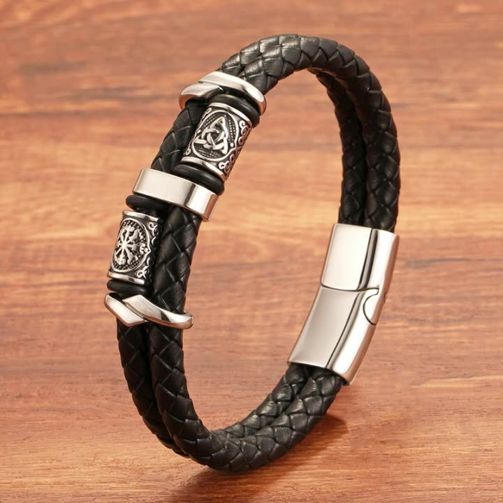 Handmade Black Leather Nordic Viking Double-strand Beaded Necklace With Zinc Alloy
