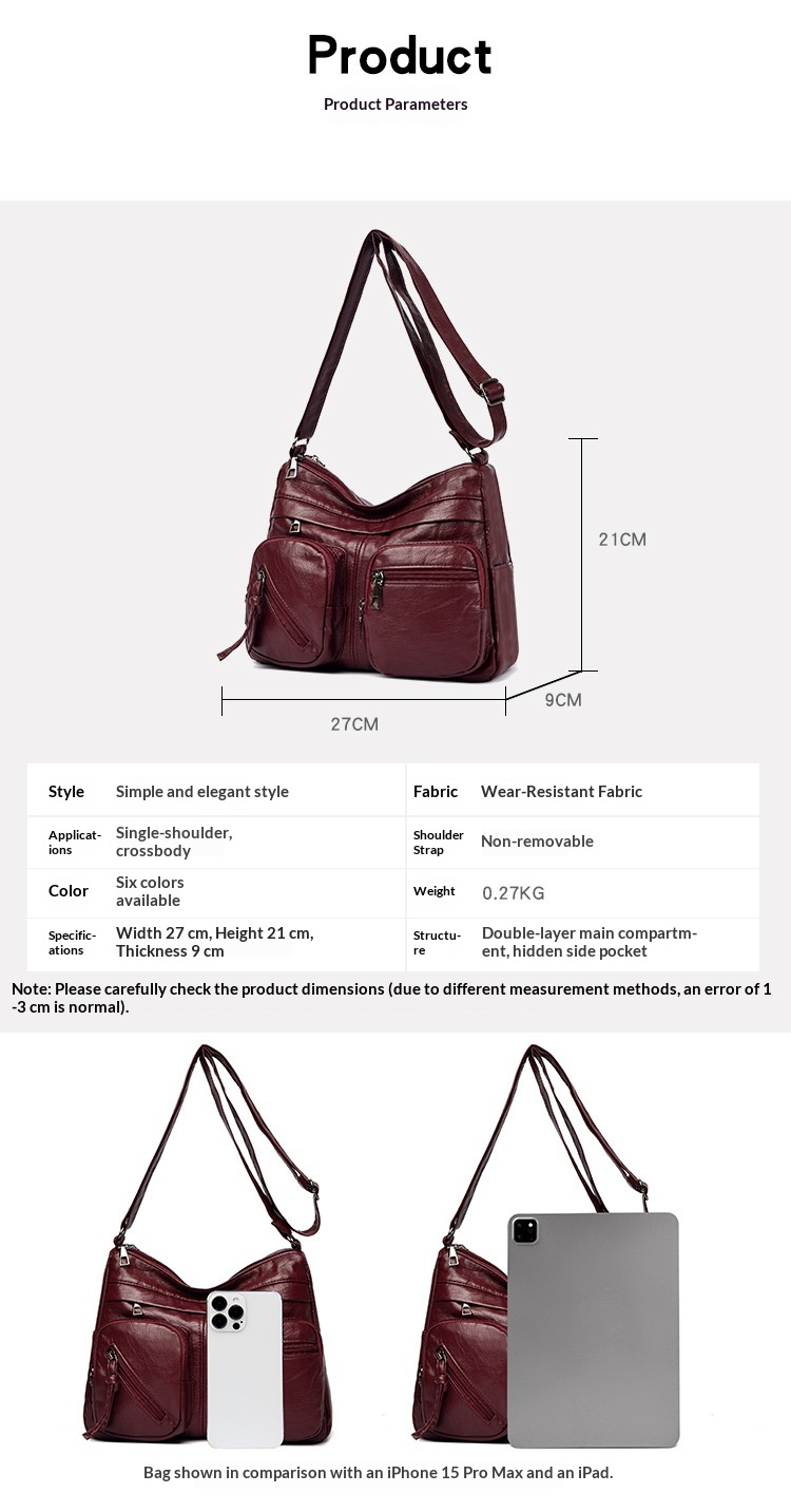 Crossbody bag dimension guide showing 27 cm width, 21 cm height and 9 cm depth