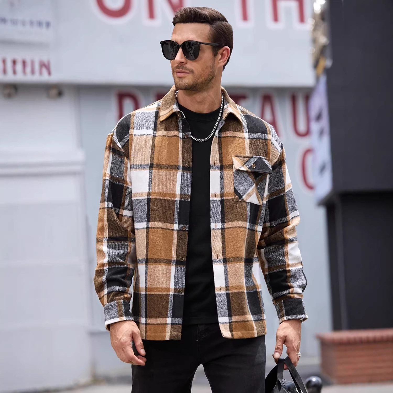 Men's Checked Long-Sleeve Shirt with Chest Pocket - brown checked front view and flap pocket