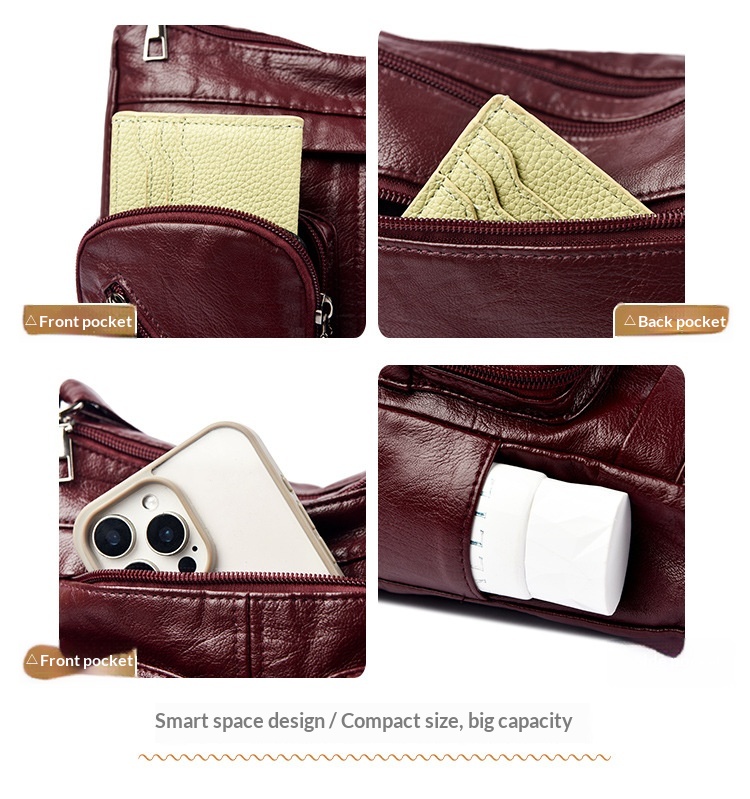 Close-up collage of the wine-red crossbody bag showing front and back zipped pockets and textured PU surface