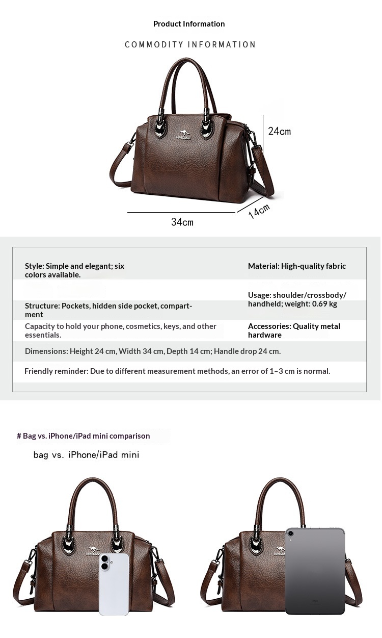 Original shoulder bag guide showing 34 cm width, 24 cm height and 14 cm depth