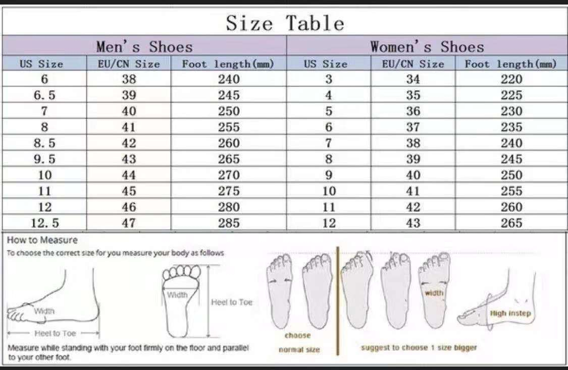Original supplied footwear chart; use the women's section for the sold sizes 35 to 42