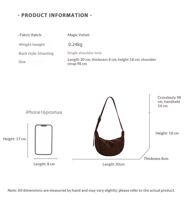 Crescent bag dimension guide showing 30 cm width, 18 cm height, 8 cm depth and supplied strap measurements