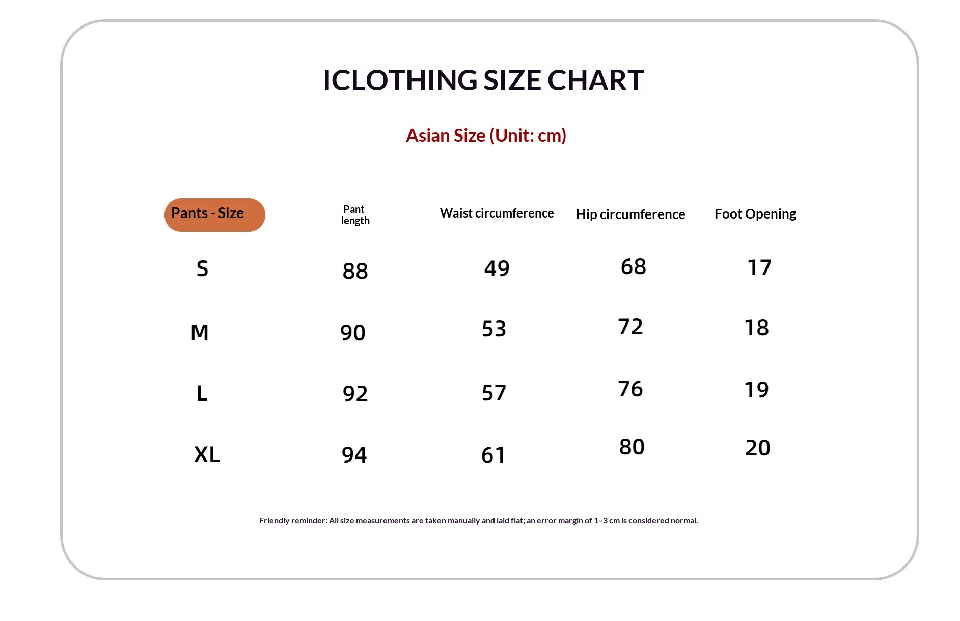 Original S–XL garment chart in centimetres listing overall length, waist and hip circumferences and foot opening