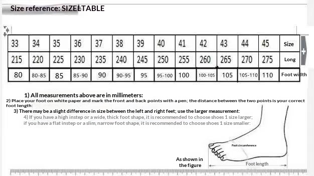 Original supplied footwear size chart including foot lengths for the sold sizes 35 to 40