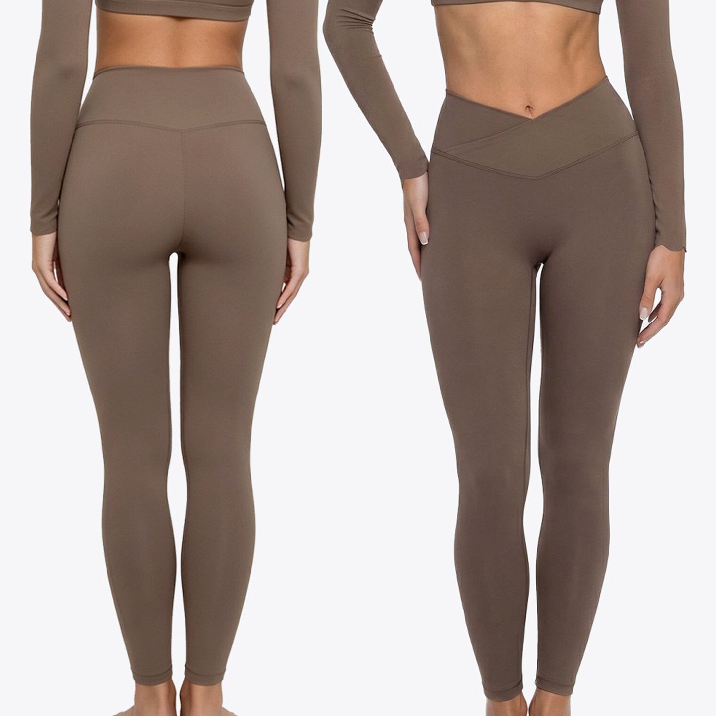 Front and rear views of truffle-brown leggings showing the crossover V-shaped front waistband and fitted legs