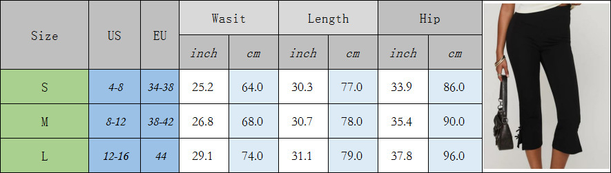 Original S to L trouser chart with waist, overall length and hip measurements