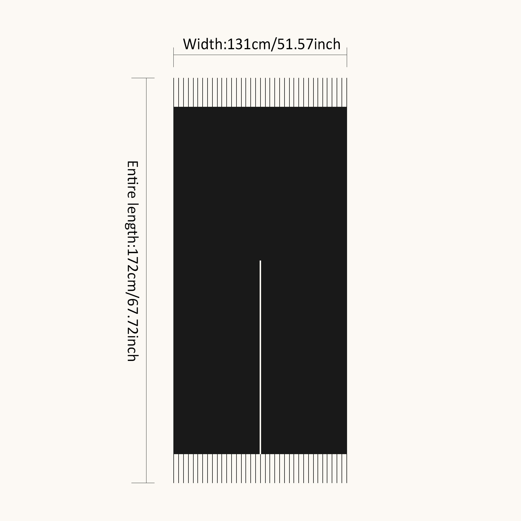 Shawl diagram showing 172 cm total length, 131 cm width, centre slit and fringed ends