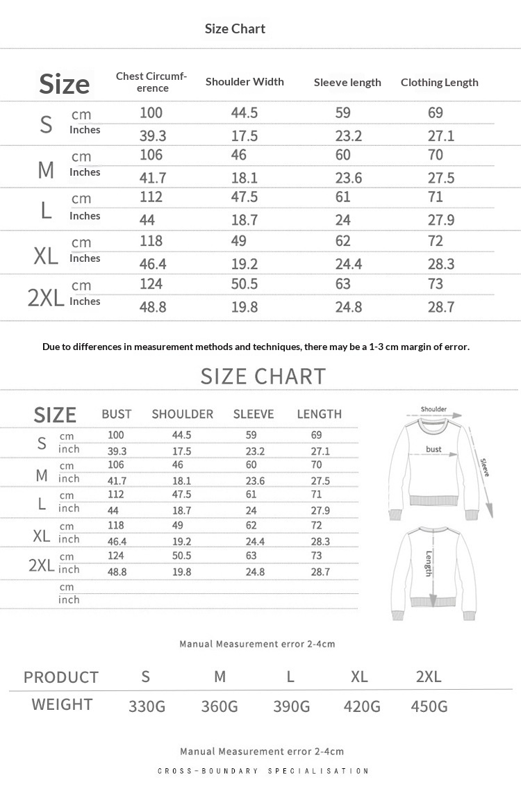 Original S–2XL sweatshirt chart showing chest circumference, shoulder width, sleeve length and garment length in centimetres and inches